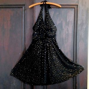 Swing/Jitterbug/Dancing Black Halter Dress with Shimmery Gold Dots women's 8